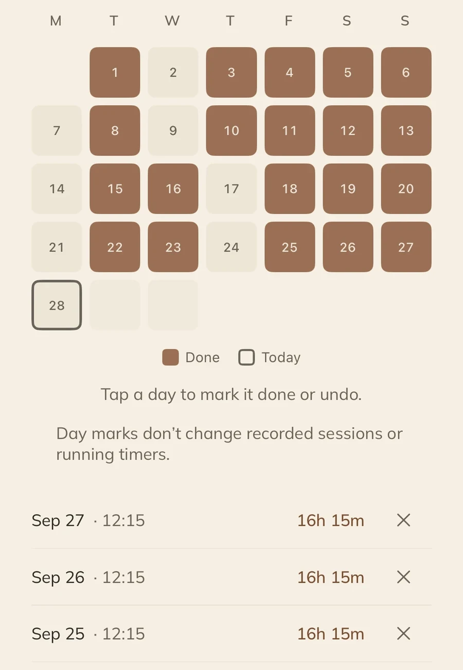 Fasting history with day marks and past sessions, crop of a real app screen